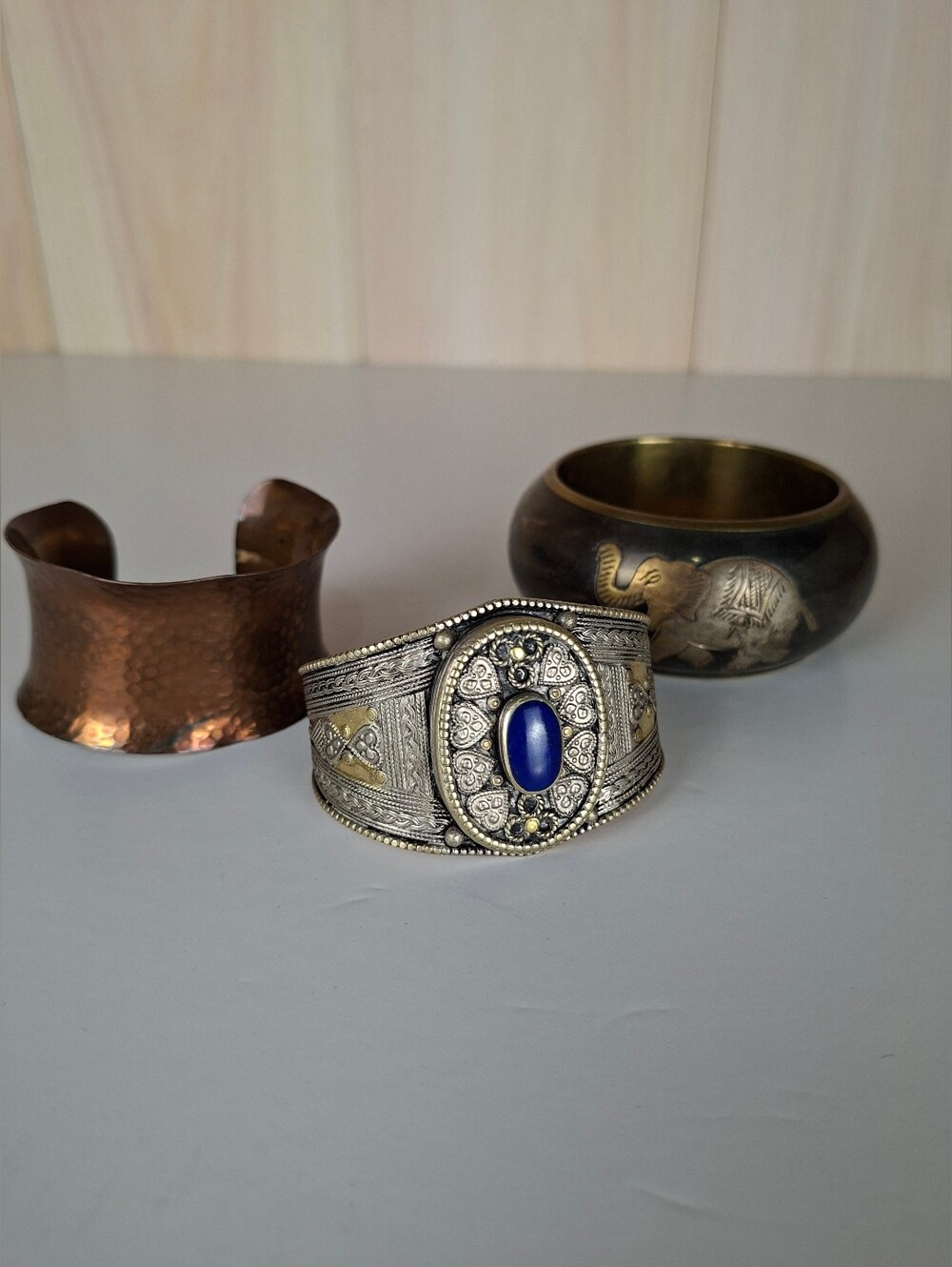 Vintage Lot Of 3 Bracelet Cuff Afgan Tribal Copper Brass Elephant Boho